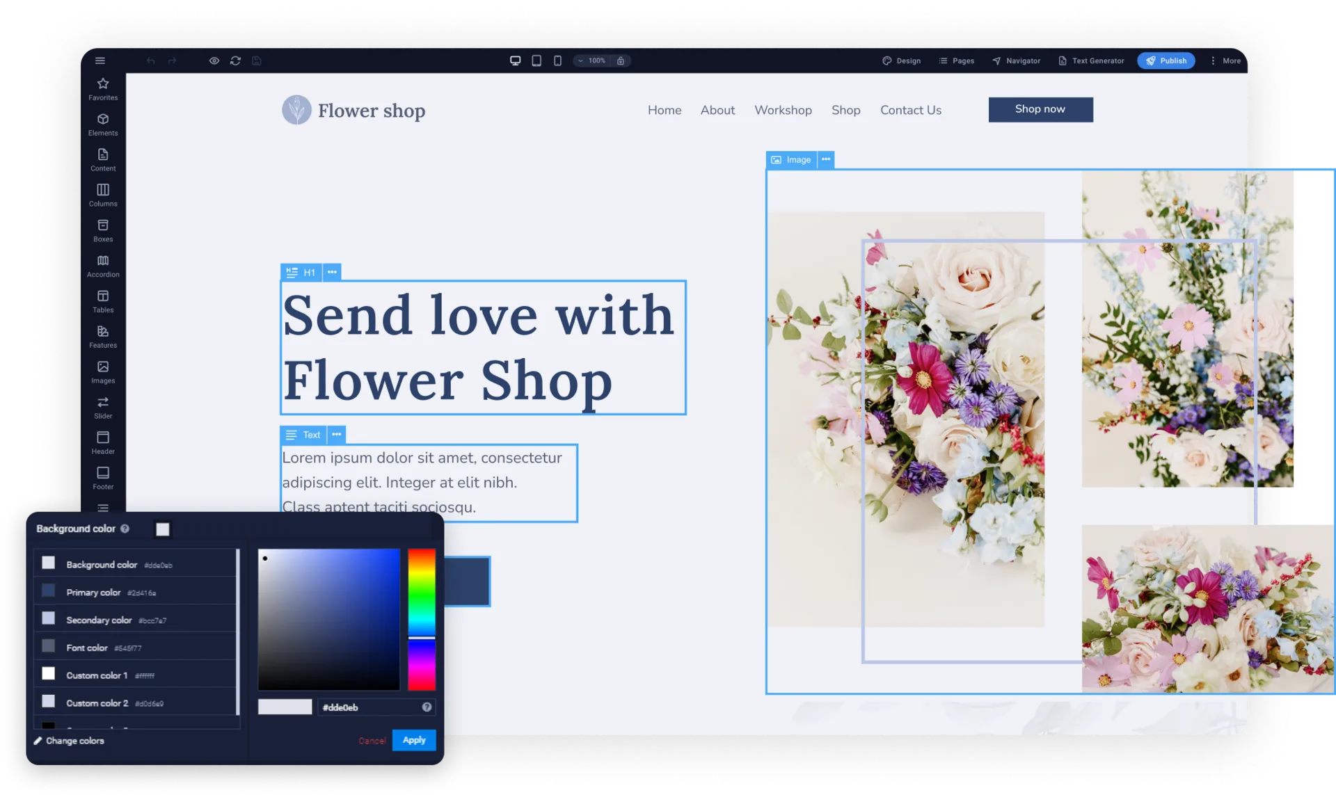 Sitejet AI Website Builder — drag-and-drop editor with color picker and live preview