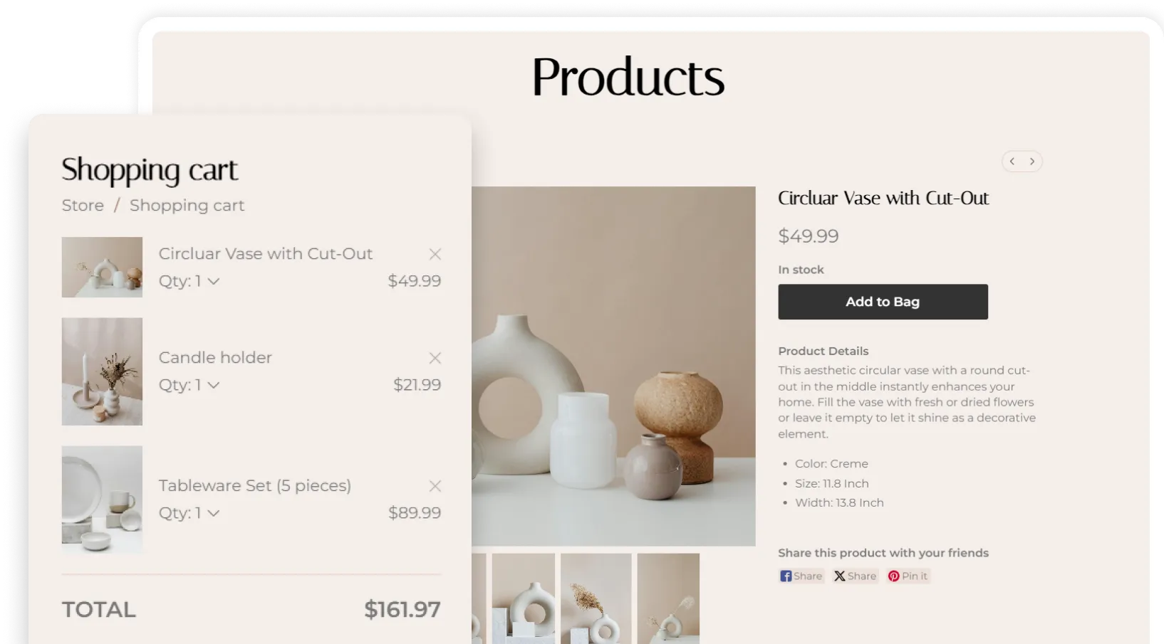 Built-in e-commerce store with shopping cart and product pages