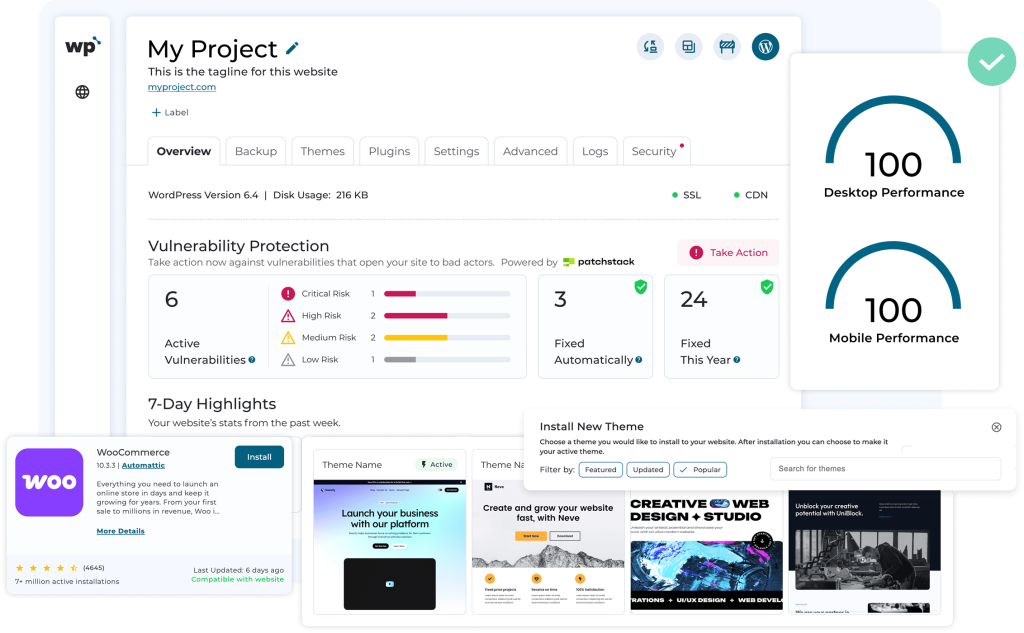 WP Squared dashboard with performance scores, security monitoring, and one-click tools