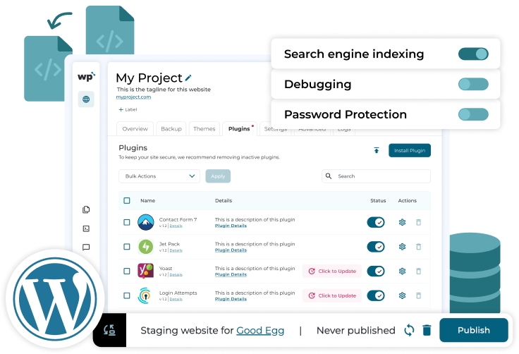 WordPress management tools with staging, plugins, backups, and security